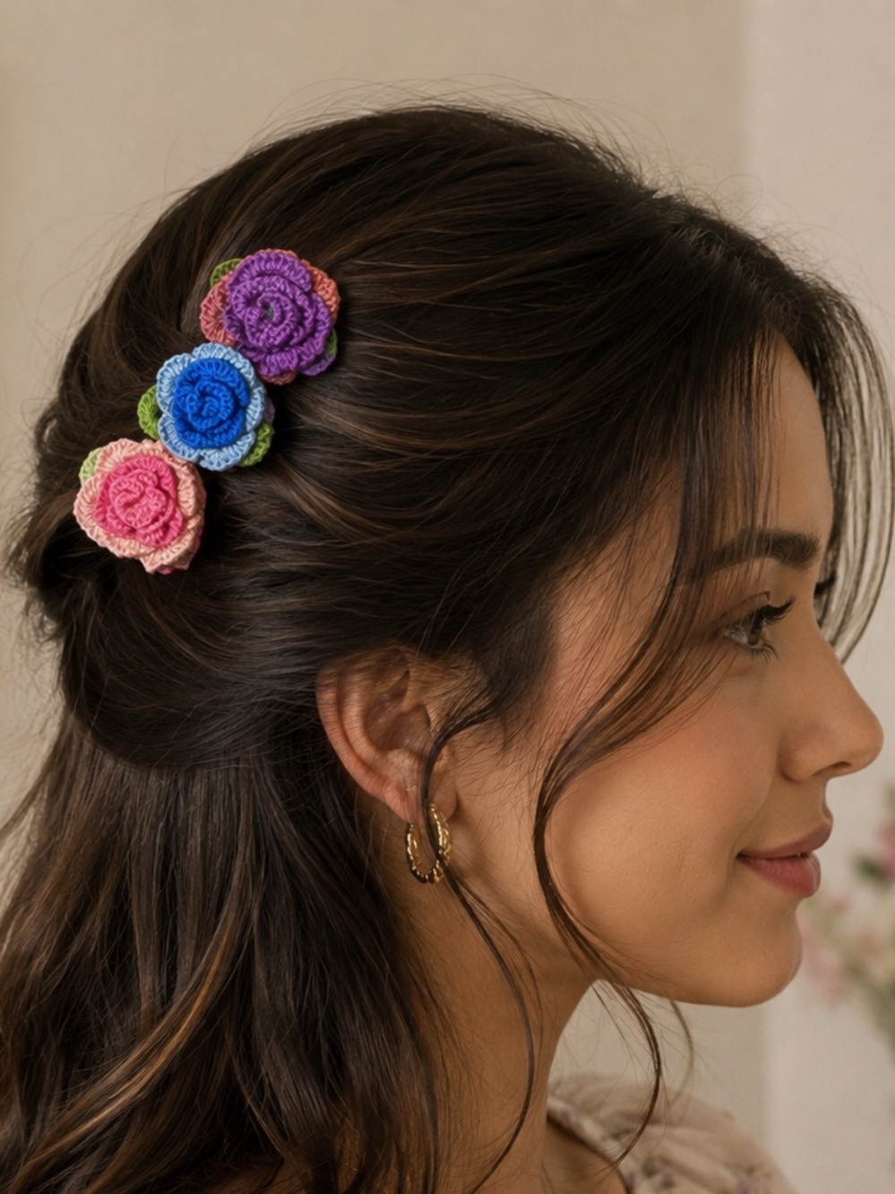 Handmade Crochet Floral Hair Clip Trio - Pink Blue Purple